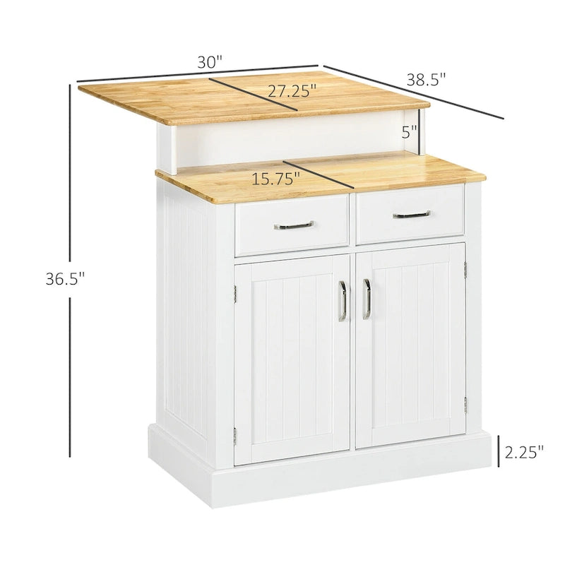 Kitchen Island with Storage Cabinet and 2-Level Rubber Wood Tabletop, Island Table with Adjustable Shelves and Drawers