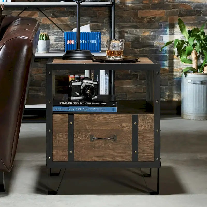 DH BASIC Industrial Oak 17-inch Metal 1-Drawer End Table by Denhour