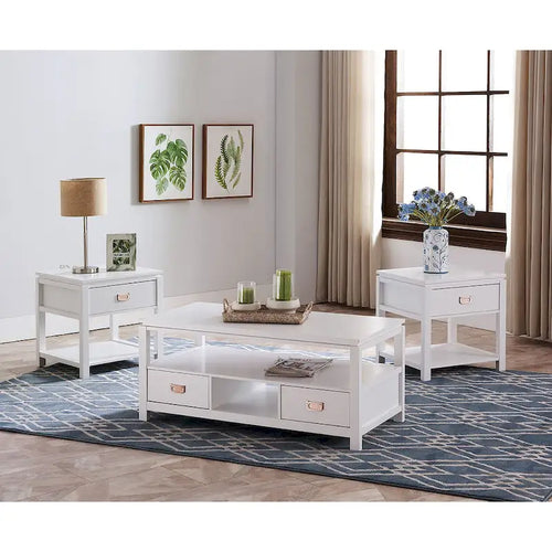3 Piece White Finish Wood Storage Occasional Table Set, Coffee Table & 2 End Tables