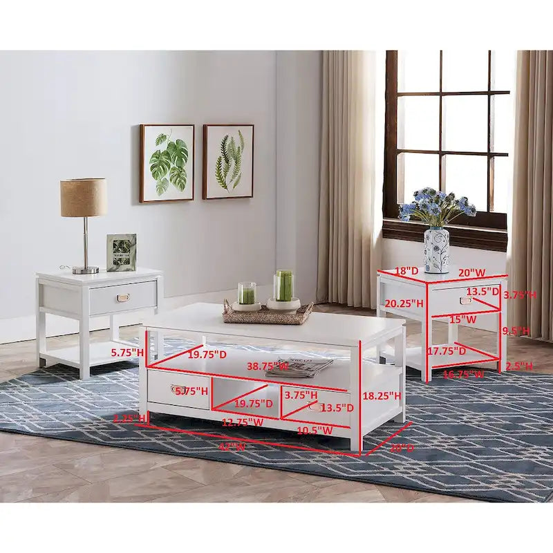 3 Piece White Finish Wood Storage Occasional Table Set, Coffee Table & 2 End Tables