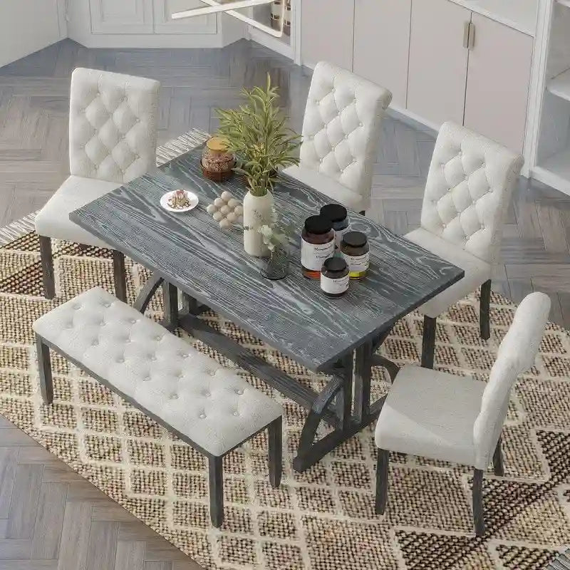 6-Piece Retro Rectangular Dining Table Set, Table with Unique Legs and 4 Upholstered Chairs & 1 Bench for Dining Room