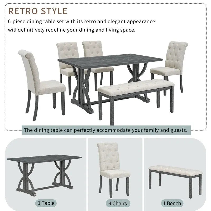 6-Piece Retro Rectangular Dining Table Set, Table with Unique Legs and 4 Upholstered Chairs & 1 Bench for Dining Room