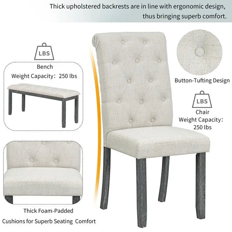 6-Piece Retro Rectangular Dining Table Set, Table with Unique Legs and 4 Upholstered Chairs & 1 Bench for Dining Room