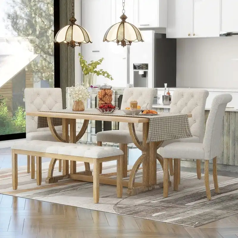 6-Piece Retro Rectangular Dining Table Set, Table with Unique Legs and 4 Upholstered Chairs & 1 Bench for Dining Room