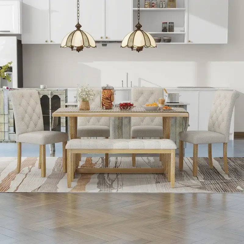 6-Piece Retro Rectangular Dining Table Set, Table with Unique Legs and 4 Upholstered Chairs & 1 Bench for Dining Room