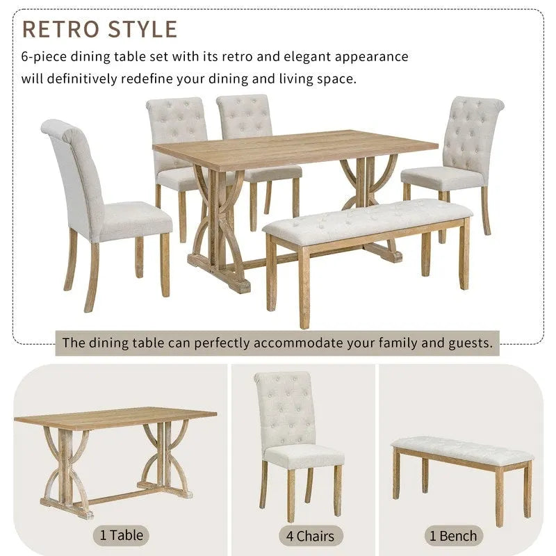 6-Piece Retro Rectangular Dining Table Set, Table with Unique Legs and 4 Upholstered Chairs & 1 Bench for Dining Room