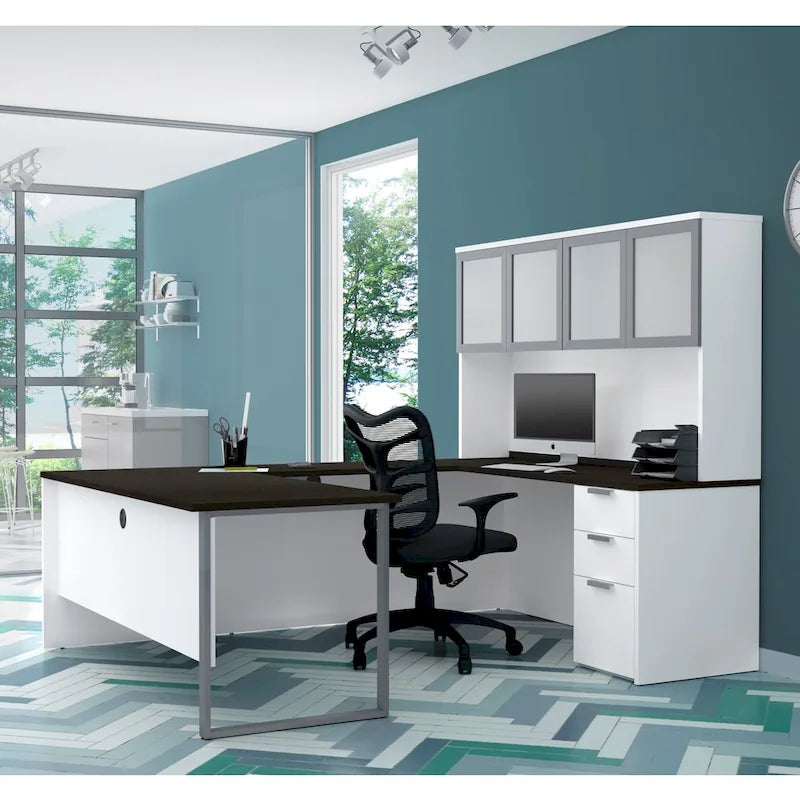 Bestar Pro-Concept Plus U-Desk with Frosted Glass Door Hutch