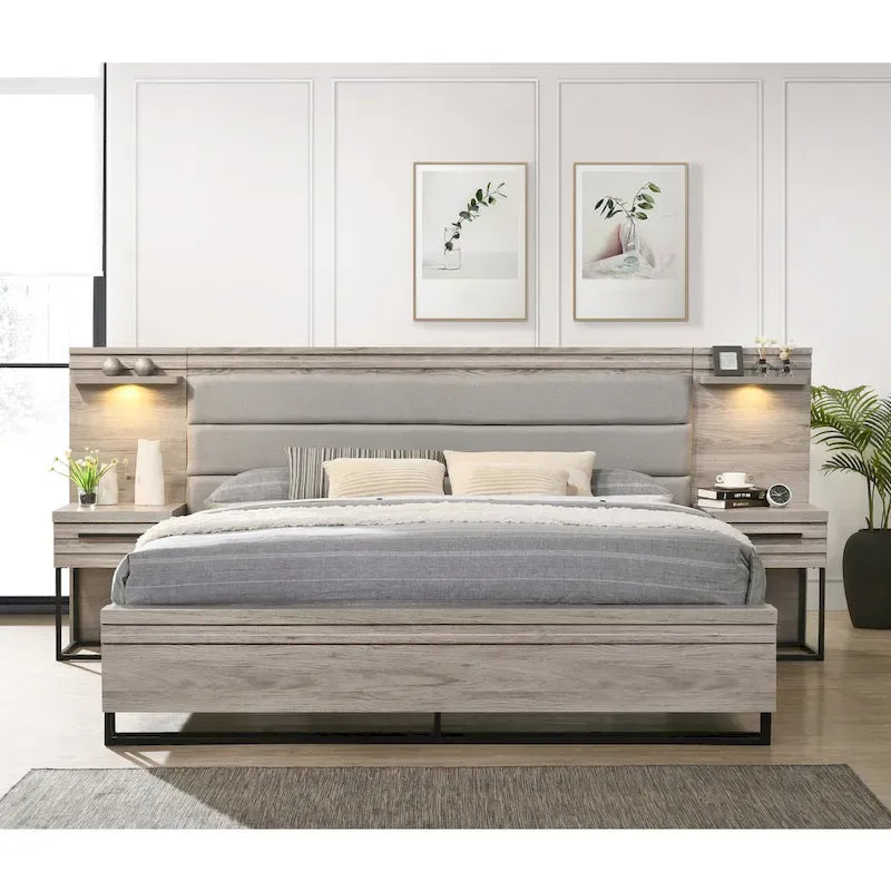 Roundhill Furniture Alvear Upholstered Wood Wallbed Bed with White LED Lights, 2 Nightstands, Weathered Gray