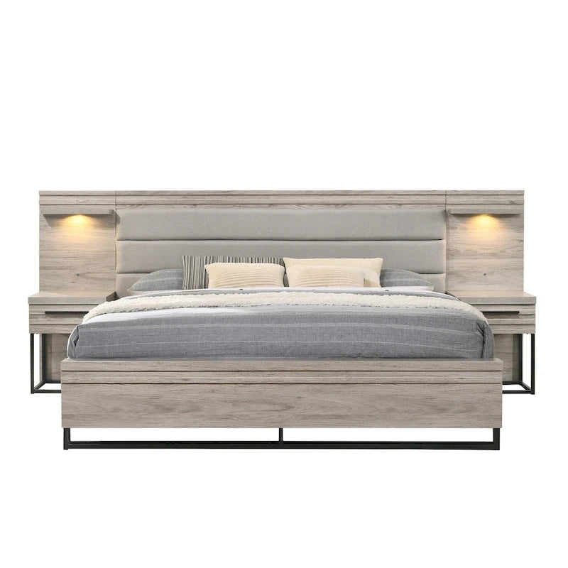 Roundhill Furniture Alvear Upholstered Wood Wallbed Bed with White LED Lights, 2 Nightstands, Weathered Gray