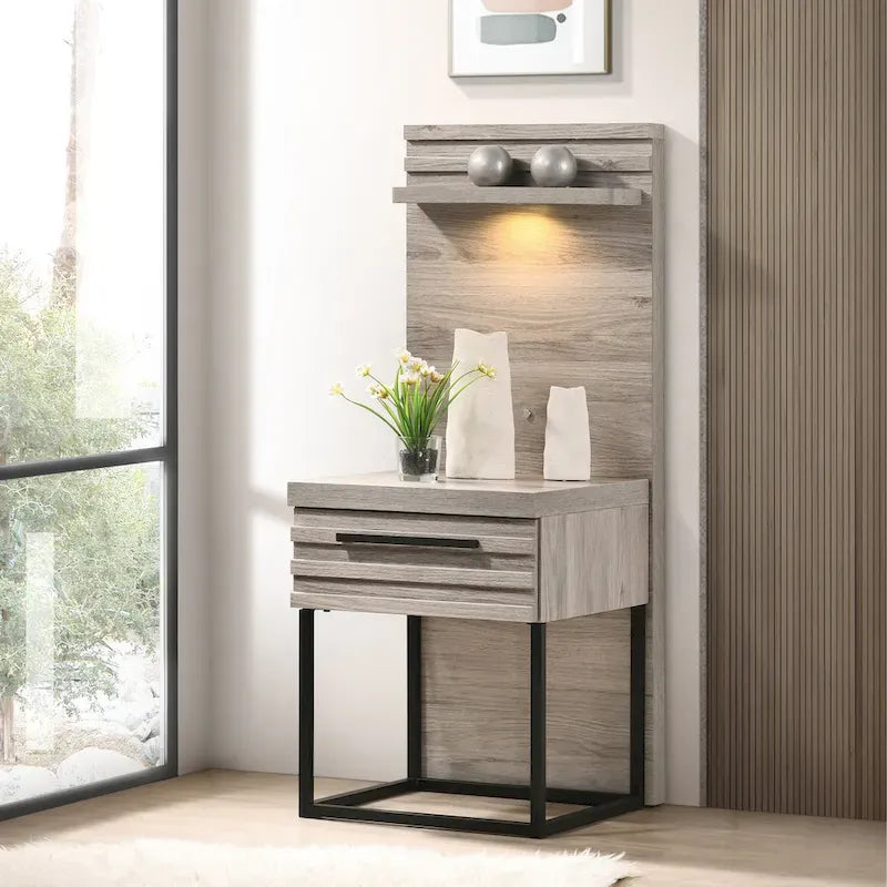 Roundhill Furniture Alvear Upholstered Wood Wallbed Bed with White LED Lights, 2 Nightstands, Weathered Gray