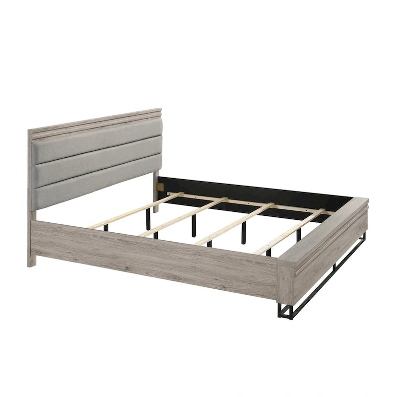Roundhill Furniture Alvear Upholstered Wood Wallbed Bed with White LED Lights, 2 Nightstands, Weathered Gray