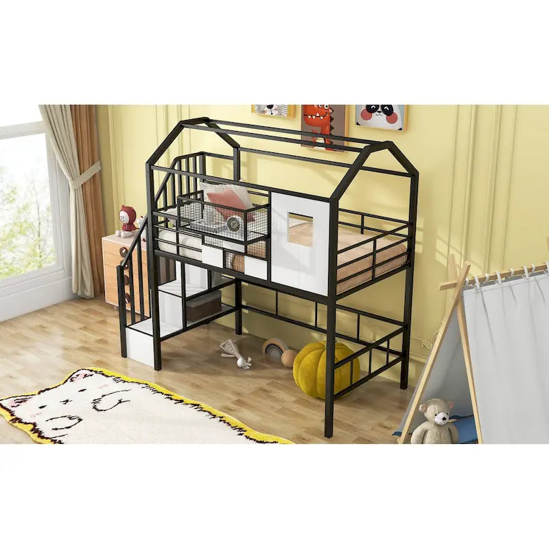 Metal Loft Bed with roof design and a storage box, Twin, Black