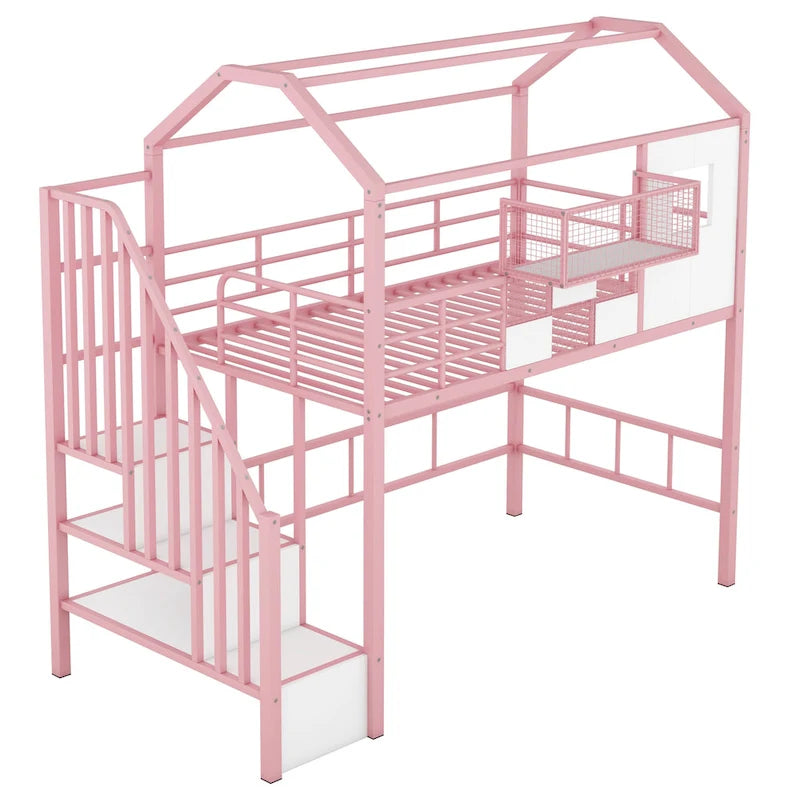 Metal Loft Bed with roof design and a storage box, Twin, Black