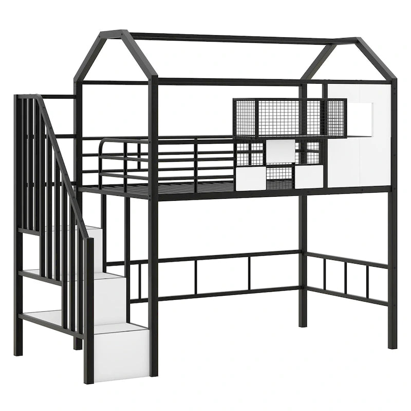 Metal Loft Bed with roof design and a storage box, Twin, Black