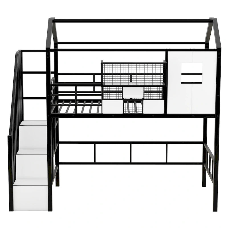 Metal Loft Bed with roof design and a storage box, Twin, Black