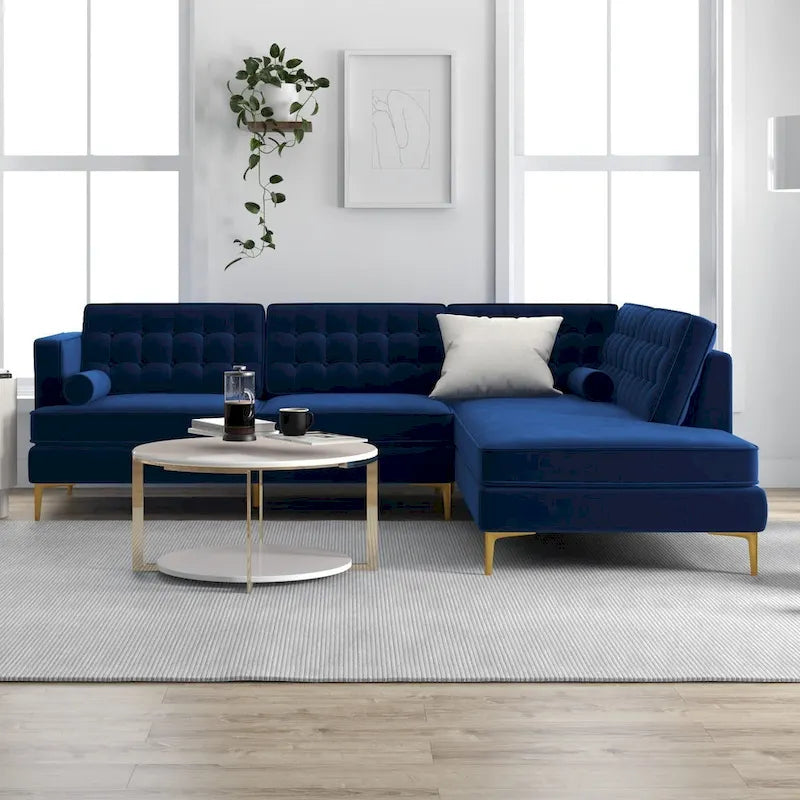 Caterine Navy Blue Velvet Tufted Modern Living Room Corner Sectional Couch