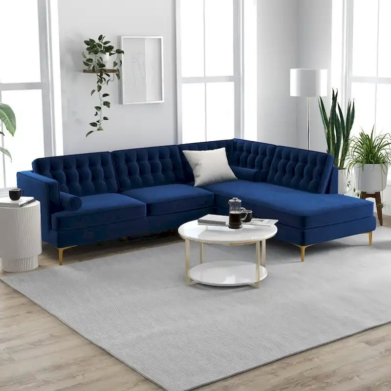 Caterine Navy Blue Velvet Tufted Modern Living Room Corner Sectional Couch