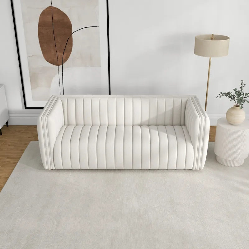 Rasam Mid Century Modern Luxury Tight Tufted Back French Boucle Couch in Cream