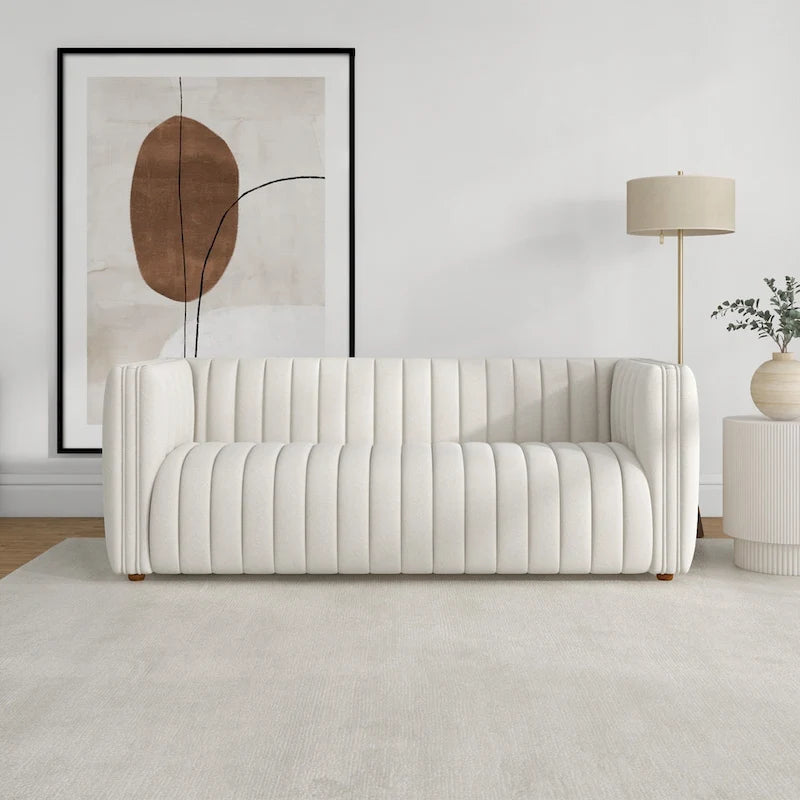 Rasam Mid Century Modern Luxury Tight Tufted Back French Boucle Couch in Cream