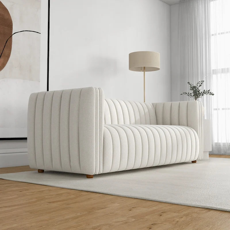 Rasam Mid Century Modern Luxury Tight Tufted Back French Boucle Couch in Cream