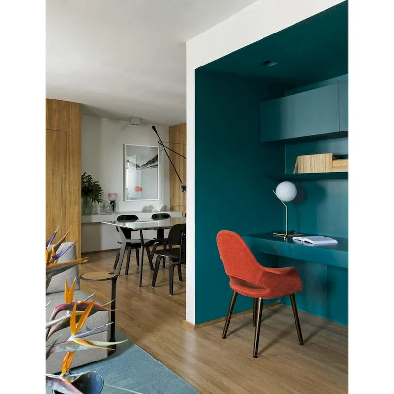 Mid Century Modern Upholstered Organic Dining Armchair with Wooden Walnut Legs