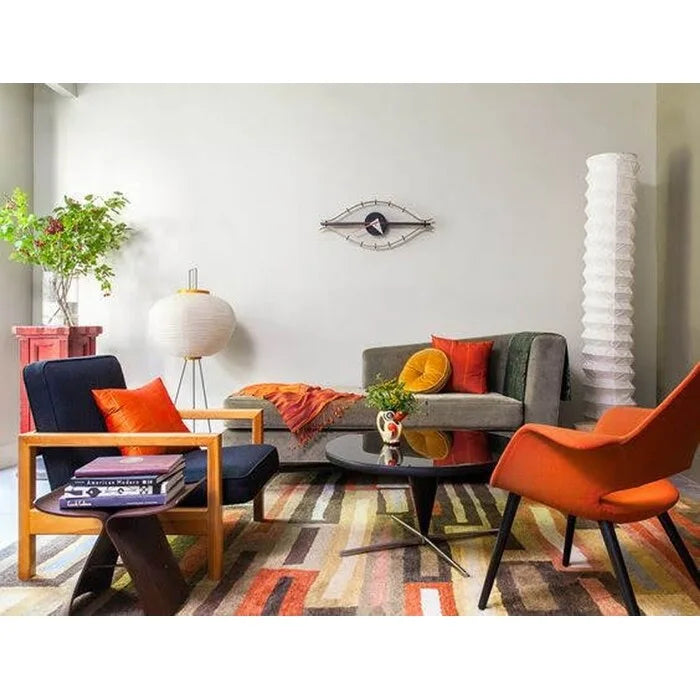 Mid Century Modern Upholstered Organic Dining Armchair with Wooden Walnut Legs