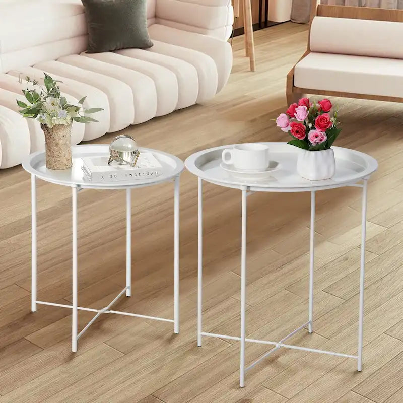 VECELO Side/End Table, Folding Round Metal Anti-Rust and Waterproof Outdoor for Living Room Bedroom,Nightstands