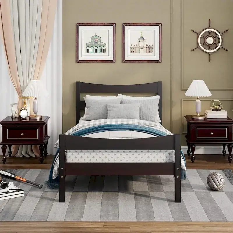 Gymax Twin Size Platform Bed Frame Foundation w/Headboard &Wood Slat - Espresso