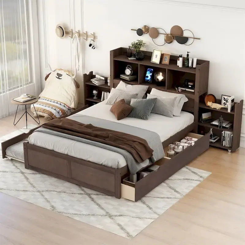 Merax Full Size Storage Platform Bed with Pull Out Shelves, Twin Size Trundle and 2 Drawers