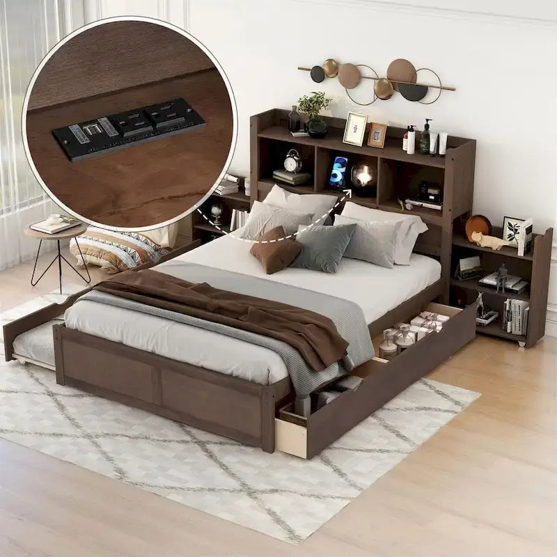 Merax Full Size Storage Platform Bed with Pull Out Shelves, Twin Size Trundle and 2 Drawers
