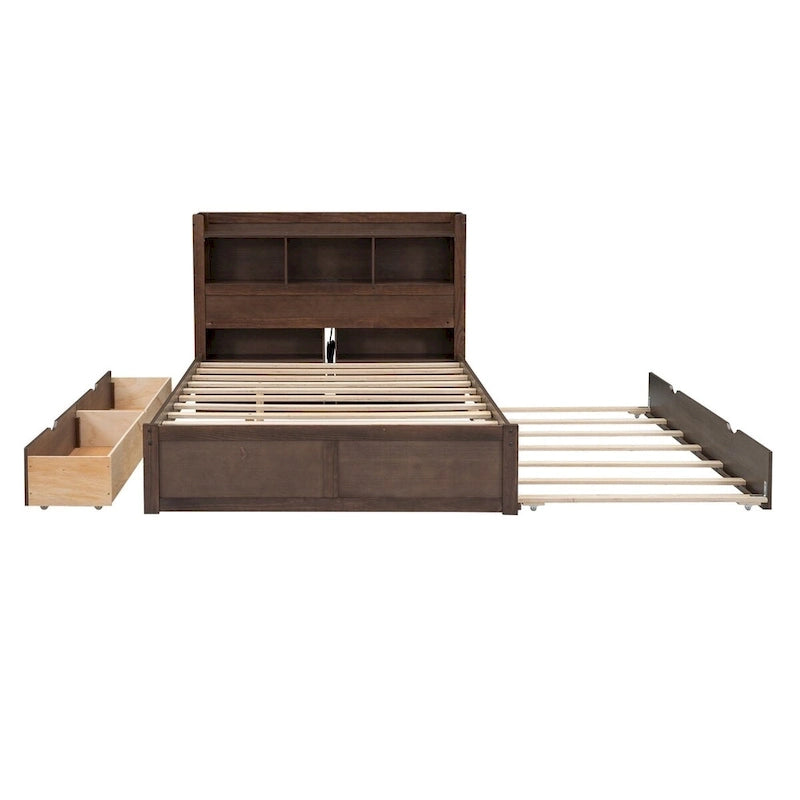 Merax Full Size Storage Platform Bed with Pull Out Shelves, Twin Size Trundle and 2 Drawers