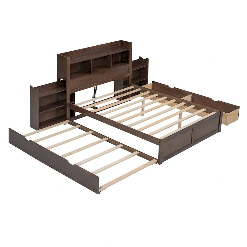 Merax Full Size Storage Platform Bed with Pull Out Shelves, Twin Size Trundle and 2 Drawers