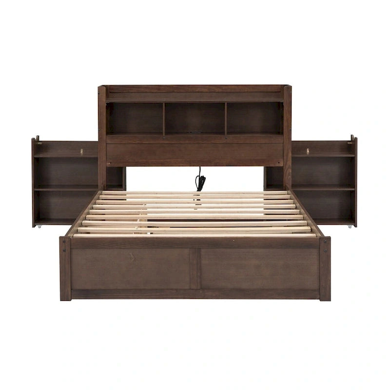 Merax Full Size Storage Platform Bed with Pull Out Shelves, Twin Size Trundle and 2 Drawers