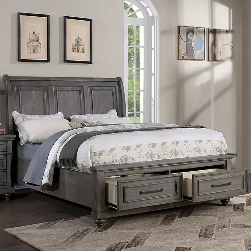 Sleigh Storage Bed with 2 Underbed Drawers in Antique Grey Oak