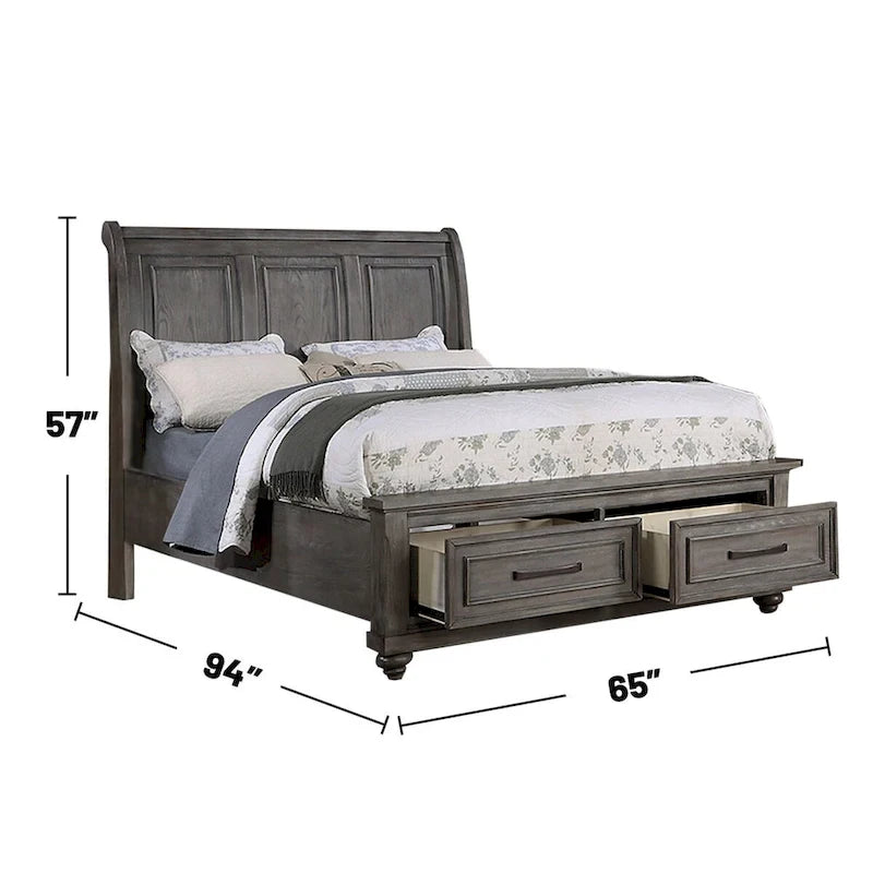 Sleigh Storage Bed with 2 Underbed Drawers in Antique Grey Oak