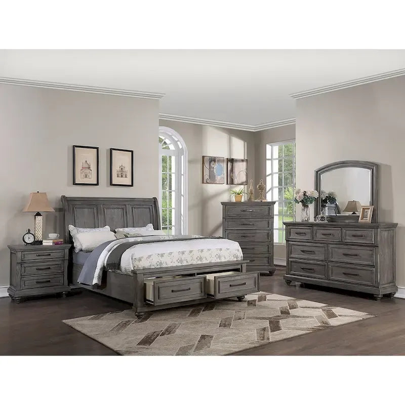 Sleigh Storage Bed with 2 Underbed Drawers in Antique Grey Oak