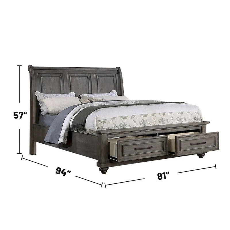 Sleigh Storage Bed with 2 Underbed Drawers in Antique Grey Oak