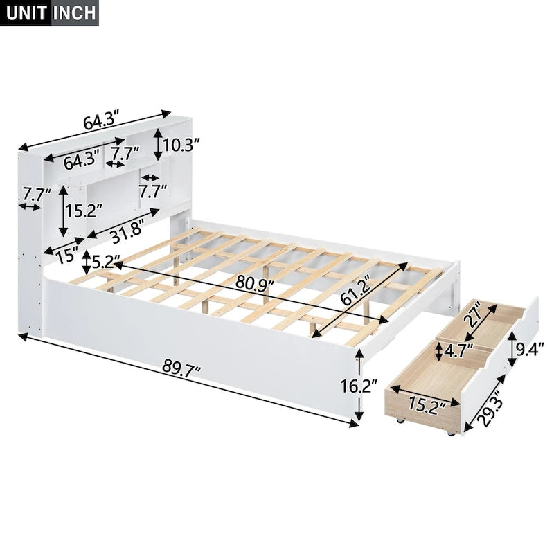 Queen Size Platform Bed with Storage Headboard and 2 Drawers