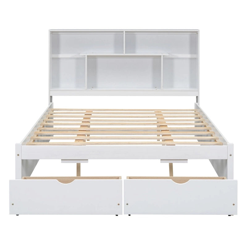 Queen Size Platform Bed with Storage Headboard and 2 Drawers