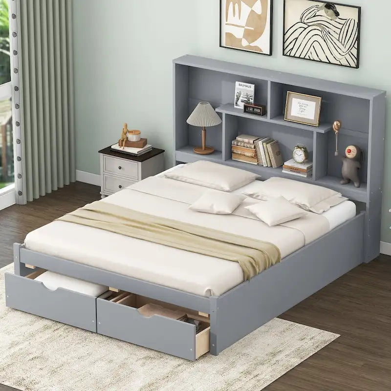 Queen Size Platform Bed with Storage Headboard and 2 Drawers