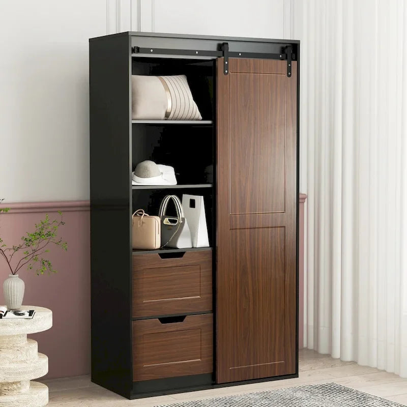 71-inch High wardrobe and cabinet, classic sliding barn door armoire
