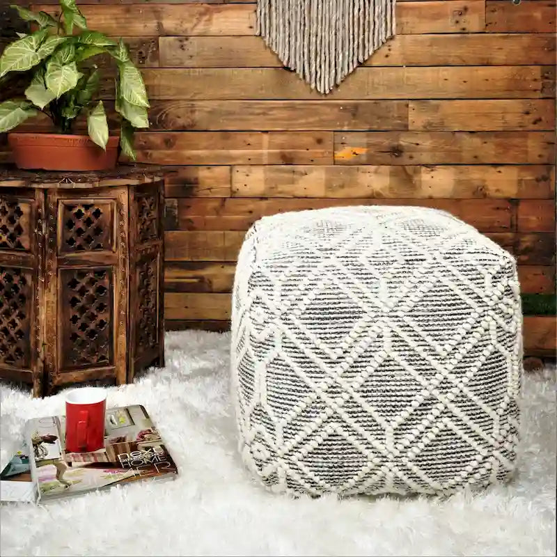Loominaire handmade Addo wool, cotton natural fiber pouf footstool for living room bed room and family room (16x16x16)