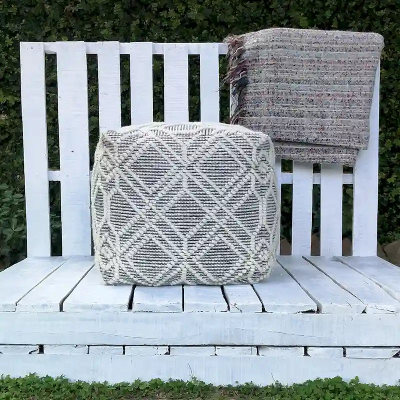 Loominaire handmade Addo wool, cotton natural fiber pouf footstool for living room bed room and family room (16x16x16)