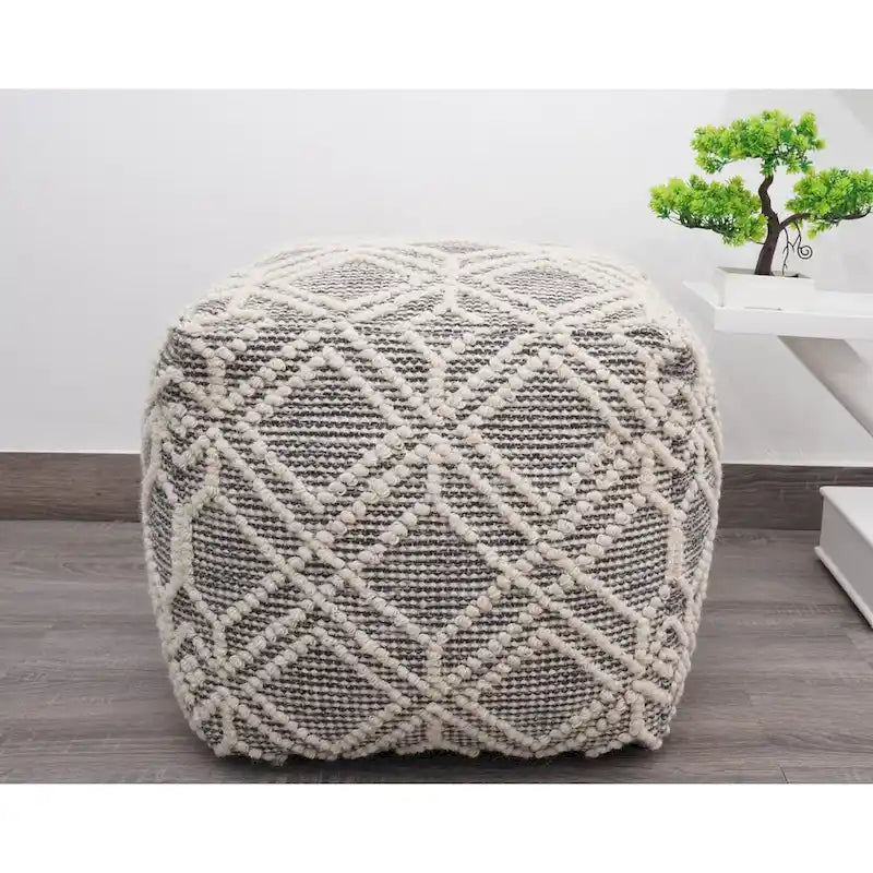 Loominaire handmade Addo wool, cotton natural fiber pouf footstool for living room bed room and family room (16x16x16)