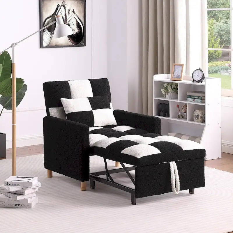 3-in-1 Convertible Sleeper Chair Bed, Single Sofa (Black White)
