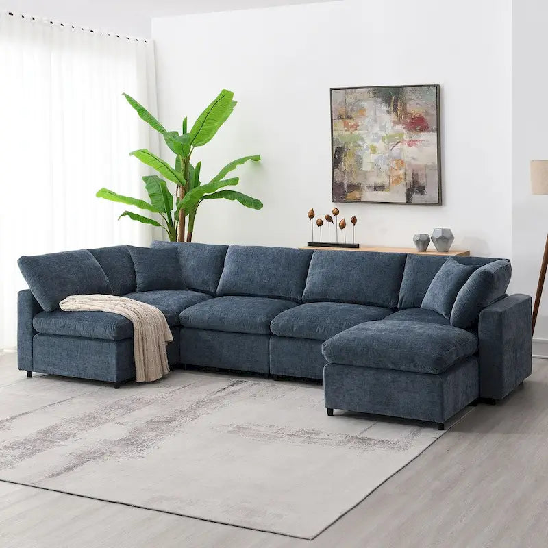 Modular 6-Seat Chenille Sectional Sofa Bed with Ottoman, Convertible U-Shape,Dark Blue