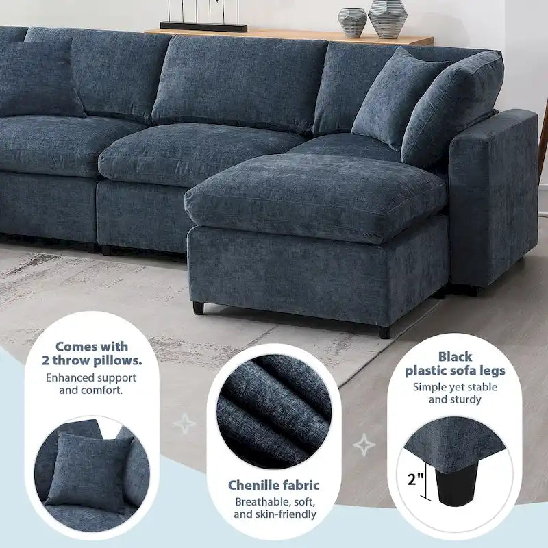 Modular 6-Seat Chenille Sectional Sofa Bed with Ottoman, Convertible U-Shape,Dark Blue