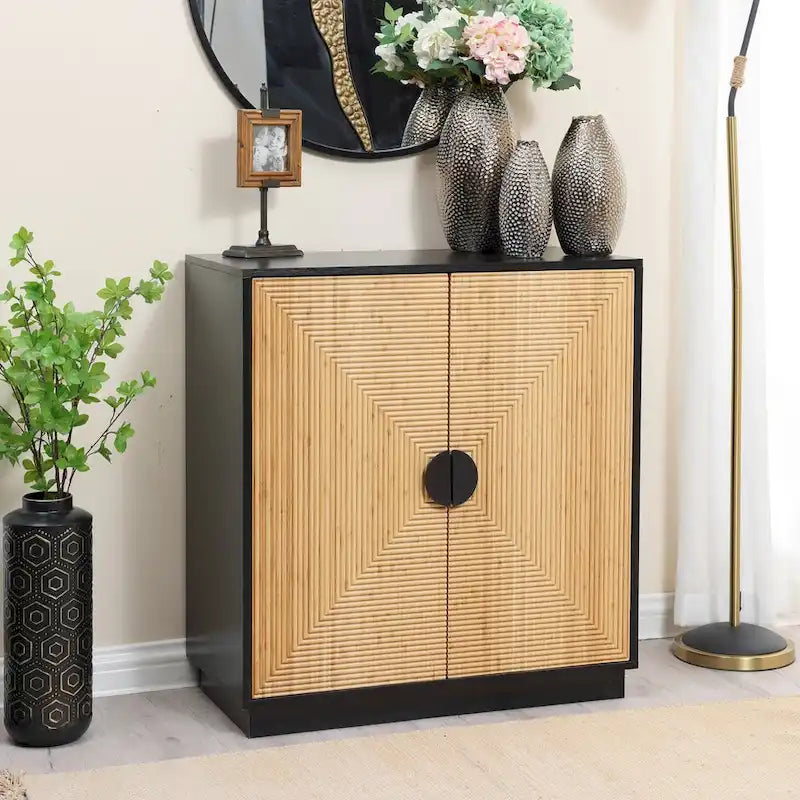 Modern Boho 2-Door Black Accent Cabinet with Bamboo Strips - 33.9 H x 31.5 W x 15.7 D