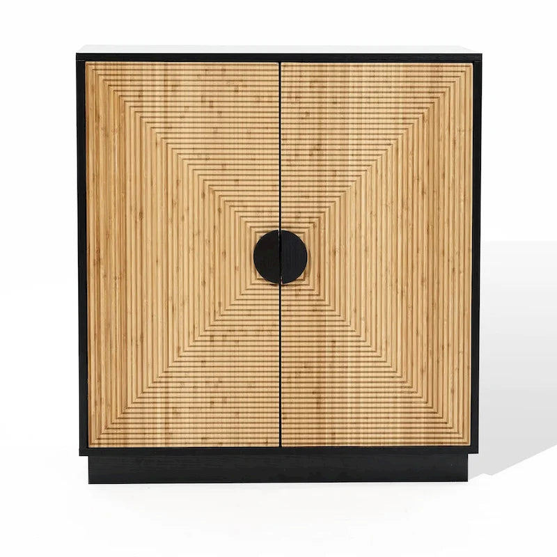 Modern Boho 2-Door Black Accent Cabinet with Bamboo Strips - 33.9 H x 31.5 W x 15.7 D
