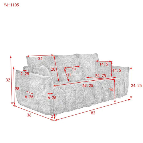 82 in Teddy Fabric Sofa Couch with 3 Back Pillows and 3 back Cushions Solid Wood Frame